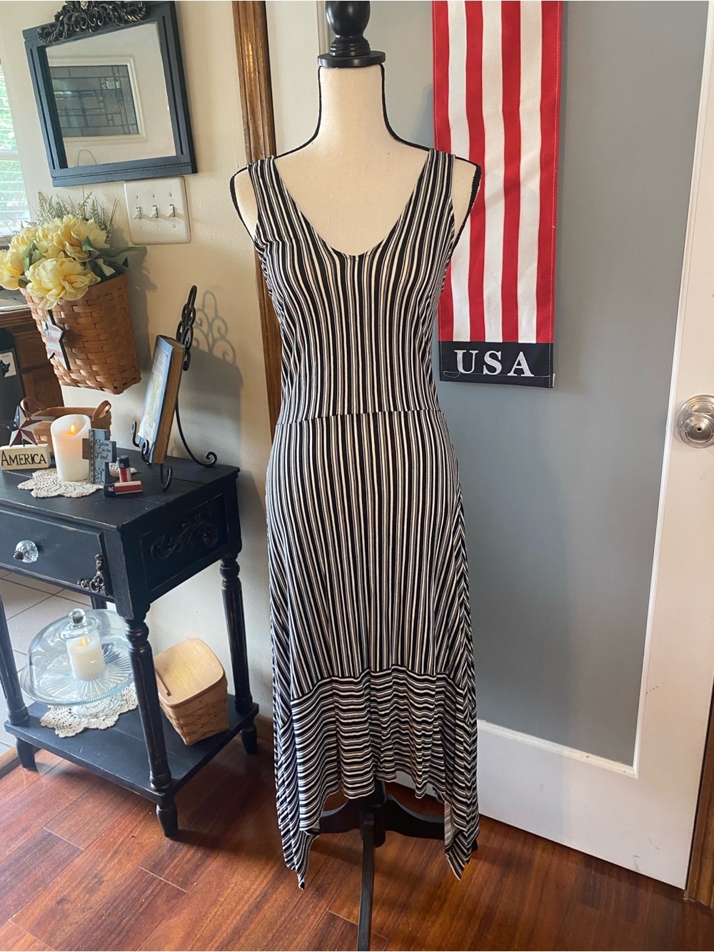 mark. Black & White Striped Sleeveless High-Low Dress